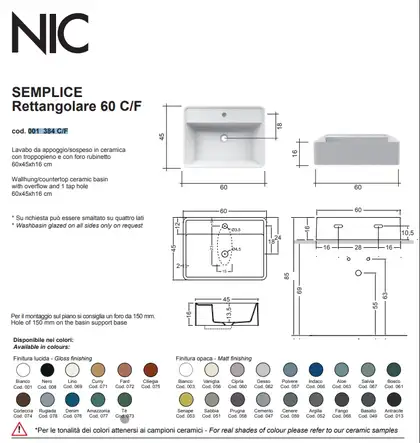 Nic-Design Умивальник на стільницю Nic Design Semplice 60х45х16 см з отвором під змішувач, білий матовий C/F (001384003 CF) Nic-Design Умивальник на стільницю Nic Design Semplice 60х45х16 см з отвором під змішувач, білий матовий C/F (001384003 CF)