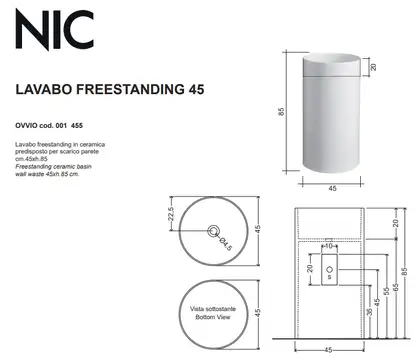 Nic-Design Умивальник окремо стоячий Nic Design Ovvio 45х85 см без переливу, зі зливом у стіну, білий матовий (001455003) Nic-Design Умивальник окремо стоячий Nic Design Ovvio 45х85 см без переливу, зі зливом у стіну, білий матовий (001455003)