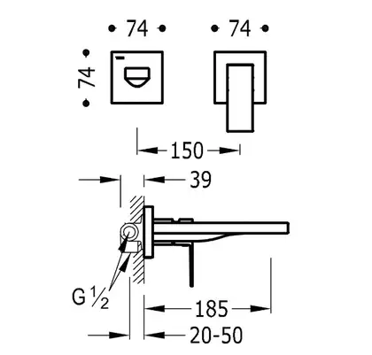 Смеситель для раковины со стены TRES Cuadro 185 mm хром (00620012)