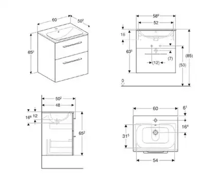 Geberit SELNOVA Square комплект: умывальник встроенный Slim Rim, с тумбой 58,8*50,2см, с 2мя ящиками, цвет белый глянец (501.236.00.1)
