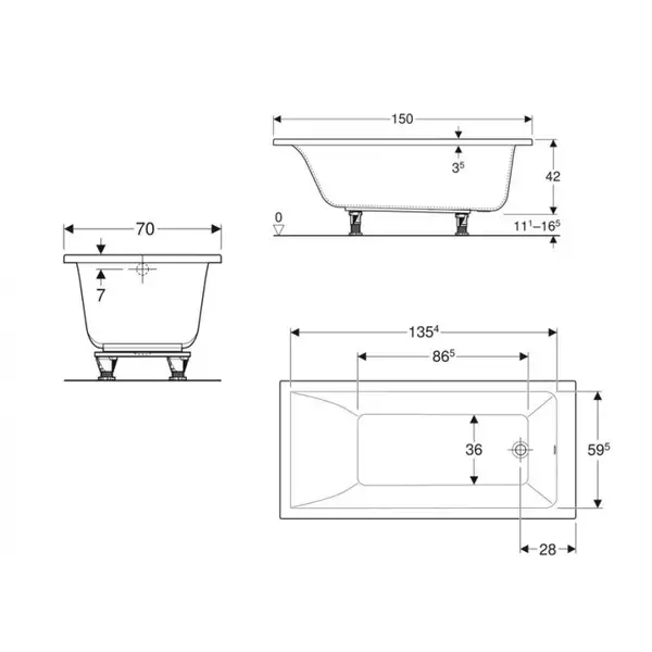 Ванна акриловая 150 х 70 х h42 см Geberit Selnova Square в комплекте с ножками (554.381.01.1)