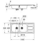 GROHE Мийка для кухні 1160 x 500 мм з ексцентриком, 2 чаши, матова (31587SD0)