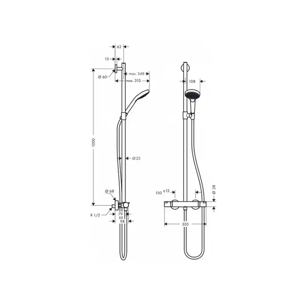 Душевой гарнитур с термостатом Hansgrohe Croma Select S (цвет - хром/белый) (27247400) фото 2 Aquada.com.ua