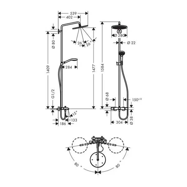 Душевая система с термостатом Hansgrohe Croma Select S Showerpipe 280 1jet (цвет - хром) (26792000) фото 2 Aquada.com.ua Душевая система с термостатом Hansgrohe Croma Select S Showerpipe 280 1jet (цвет - хром) (26792000) фото 2 Aquada.com.ua