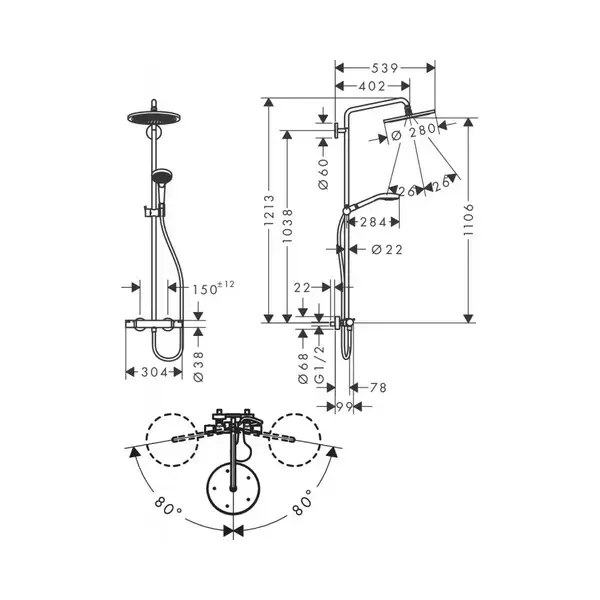 Душова система Hansgrohe Croma Select S 280 1jet Showerpipe з термостатом, matt white (26890700)