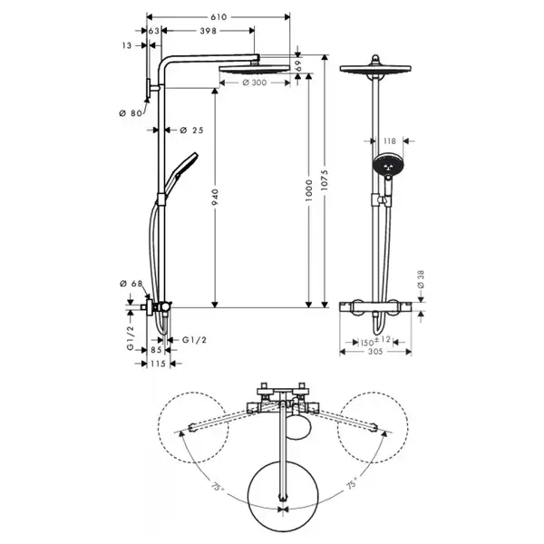 Душевая система с термостатом Hansgrohe Raindance Select S Showerpipe 300 2jet (цвет - хром) (27133000) фото 5 Aquada.com.ua Душевая система с термостатом Hansgrohe Raindance Select S Showerpipe 300 2jet (цвет - хром) (27133000) фото 5 Aquada.com.ua