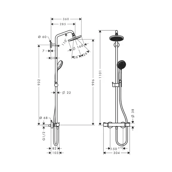 HANSGROHE Hansgrohe Душевая система с Термостатом Croma 160 Showerpipe (27135000) фото 4 Aquada.com.ua HANSGROHE Hansgrohe Душевая система с Термостатом Croma 160 Showerpipe (27135000) фото 4 Aquada.com.ua