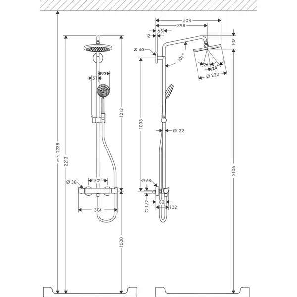 Душова система Hansgrohe Croma 220 1jet Showerpipe з термостатом, хром (27185000) Душова система Hansgrohe Croma 220 1jet Showerpipe з термостатом, хром (27185000)