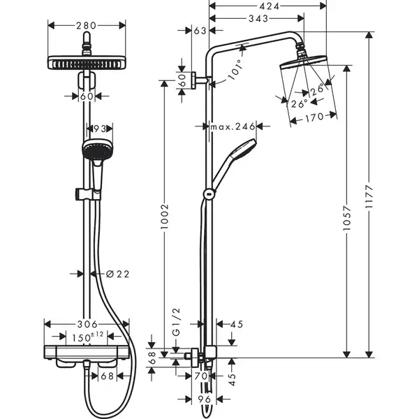 Hansgrohe Croma E Душевая система 280 1jet, хром (27630000)