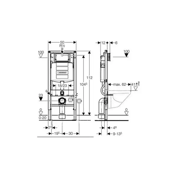 Geberit DUOFIX монтажный элемент для подвесного унитаза, H112, cо встроенным бачком "Sigma" 12см, для смывных клавиш "Sigma" (111.300.00.5)