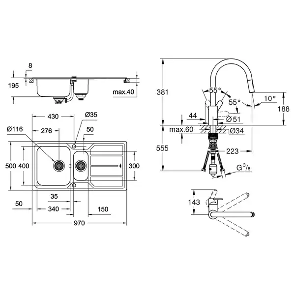 Набор Grohe мойка кухонная K500 31572SD0 + смеситель Eurostyle Cosmopolitan 31482003 (31572SD031482003) Набор Grohe мойка кухонная K500 31572SD0 + смеситель Eurostyle Cosmopolitan 31482003 (31572SD031482003)