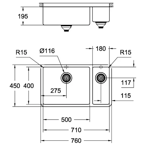 GROHE Мийка для кухні 760 x 450 мм, 1,5 чаши, матова, під стільницю, ліва (31575SD0)