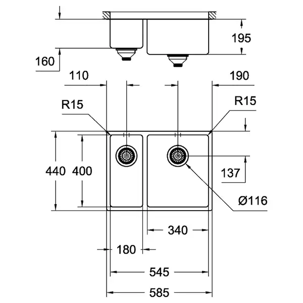 GROHE Мийка для кухні 585 x 440 мм, 1,5 чаши, матова, під стільницю, права (31576SD0)