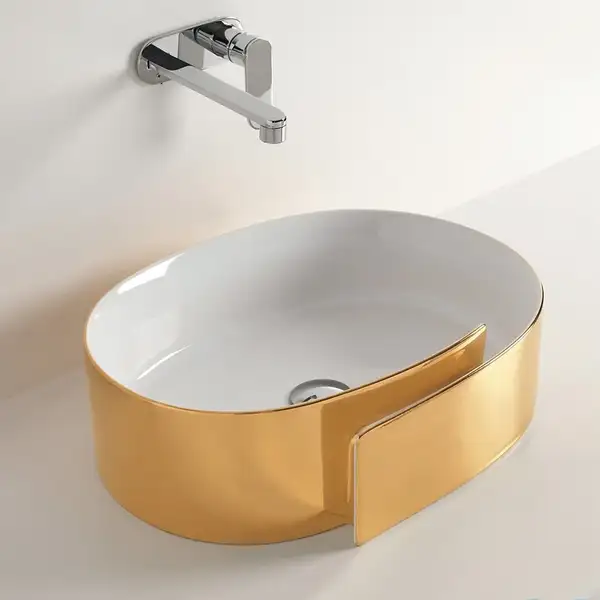 Раковина накладная на столешницу Flaminia Roll Bianco/Oro 56 х 42 х h17 см (RL56L/BIANCO/ORO) фото 1 Aquada.com.ua Раковина накладная на столешницу Flaminia Roll Bianco/Oro 56 х 42 х h17 см (RL56L/BIANCO/ORO) фото 1 Aquada.com.ua