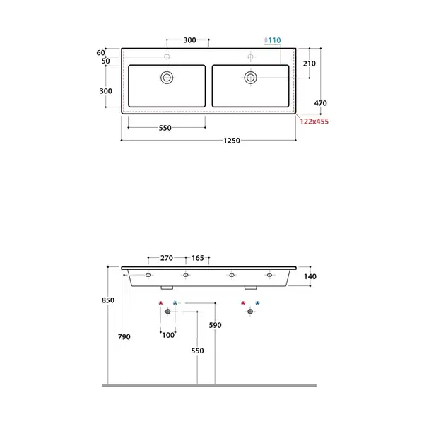 Раковина двойная Globo Forty3 125 x 47 см (FO125.BI) фото 3 Aquada.com.ua