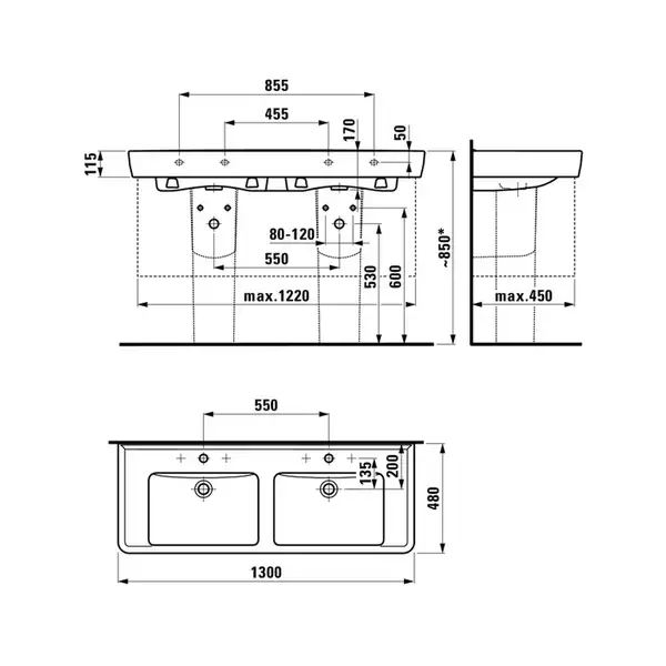 Двойная раковина 130 х 48 см Laufen Pro (H8149670001041) фото 3 Aquada.com.ua Двойная раковина 130 х 48 см Laufen Pro (H8149670001041) фото 3 Aquada.com.ua