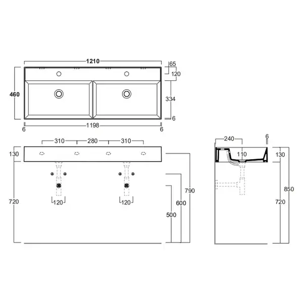 Раковина двойная Simas Agile 121 х 46 см (AG121D) фото 3 Aquada.com.ua