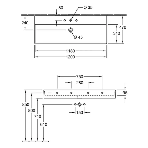 Раковина подвесная 120 х 47 см Villeroy & Boch Memento 2.0 (альпийский белый, с переливом) (4A22C501) фото 2 Aquada.com.ua