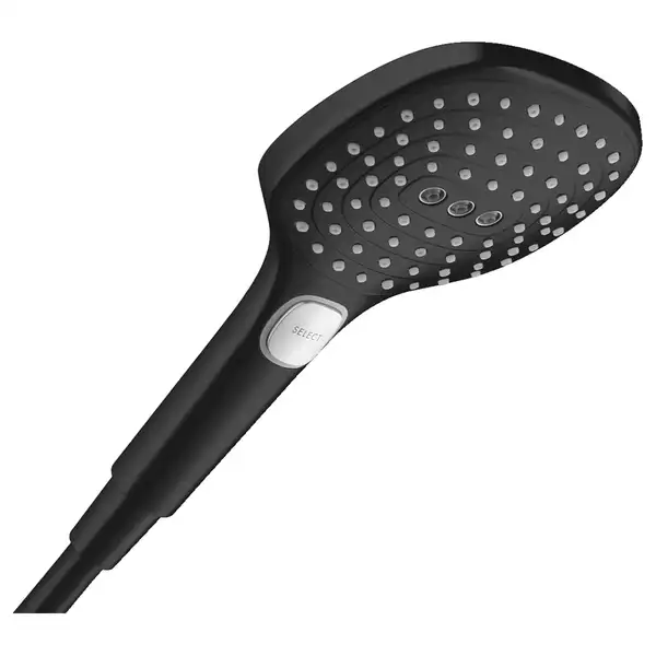 Лейка для душа Hansgrohe Raindance Select E 120 (цвет - чёрный матовый), 3 вида струи (26520670) фото 1 Aquada.com.ua Лейка для душа Hansgrohe Raindance Select E 120 (цвет - чёрный матовый), 3 вида струи (26520670) фото 1 Aquada.com.ua