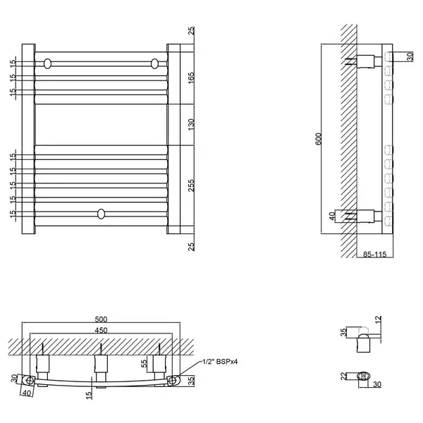 Сушарка рушників водяна Qtap Dias (BLA) P10 600x500 HY (QTDIASBLAP10600500HY) фото 2 Aquada.com.ua