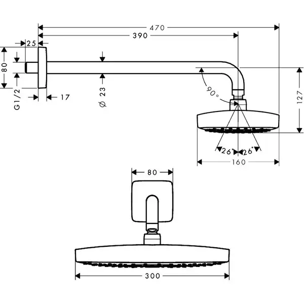 Верхній душ Hansgrohe Select Е 300 2jet з власником, білий / хром (27385400) Верхній душ Hansgrohe Select Е 300 2jet з власником, білий / хром (27385400)