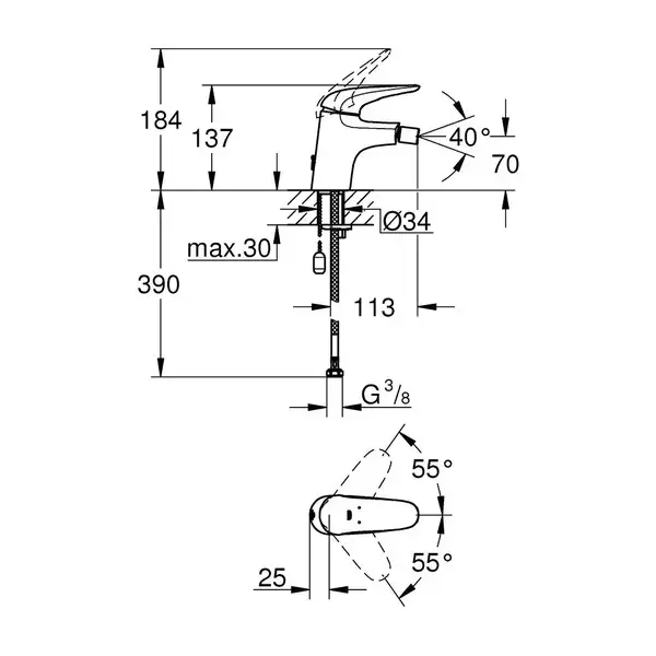 Смеситель однорычажный для биде Grohe Eurostyle Solid DN 15 S-Size (цвет - хром) без донного клапана (23721003) фото 2 Aquada.com.ua