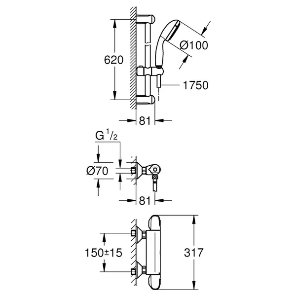 Смеситель для душа Grohe Grohtherm DN 15 (цвет - хром) с душевым гарнитуром (34151003) фото 4 Aquada.com.ua