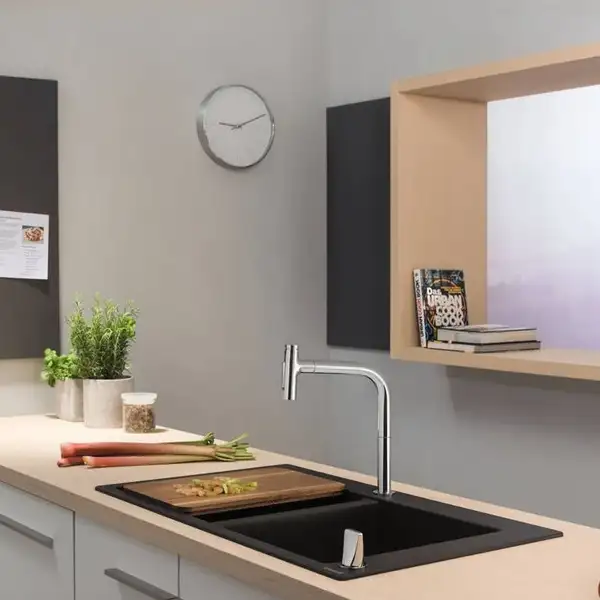 Змішувач для кухні Hansgrohe Metris Select 200 2jet з висувним виливом sBox, Steel Finis (73818800) Змішувач для кухні Hansgrohe Metris Select 200 2jet з висувним виливом sBox, Steel Finis (73818800)