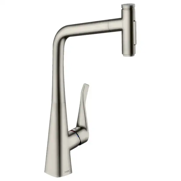 Смеситель для кухни Hansgrohe Metris Select 320 2jet (цвет - сталь), с вытяжным душем (73820800) фото 1 Aquada.com.ua Смеситель для кухни Hansgrohe Metris Select 320 2jet (цвет - сталь), с вытяжным душем (73820800) фото 1 Aquada.com.ua