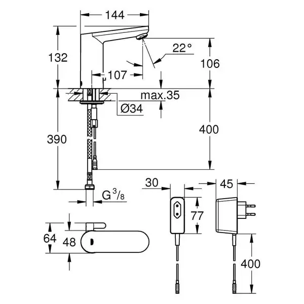 Grohe Змішувач для умивальника Eurosmart Cosmopolitan E з адаптером 100-230V, хром (36325001) Grohe Змішувач для умивальника Eurosmart Cosmopolitan E з адаптером 100-230V, хром (36325001)