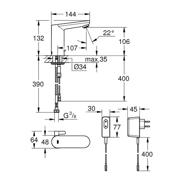 Grohe Змішувач для умивальника Eurosmart Cosmopolitan E з адаптером 100-230V, хром (36325001) Grohe Змішувач для умивальника Eurosmart Cosmopolitan E з адаптером 100-230V, хром (36325001)