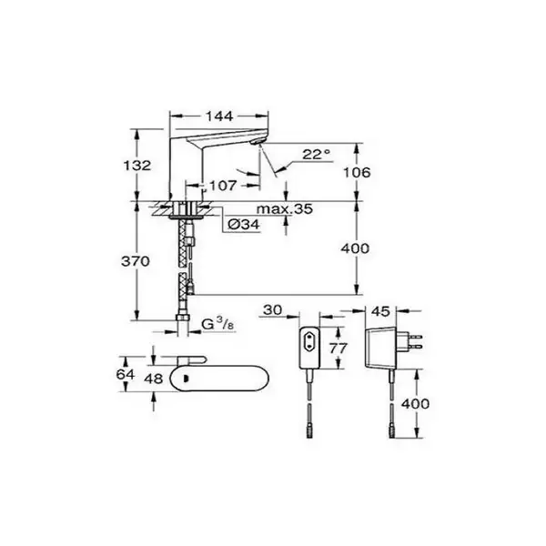 Grohe Змішувач для умивальника Eurosmart Cosmopolitan E з адаптером 100-230V, хром (36325001) Grohe Змішувач для умивальника Eurosmart Cosmopolitan E з адаптером 100-230V, хром (36325001)