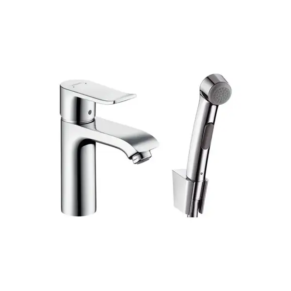 Смеситель для раковины с гигиеническим душем Hansgrohe Metris (цвет - хром), с донным клапаном Push-Open (31285000) фото 1 Aquada.com.ua