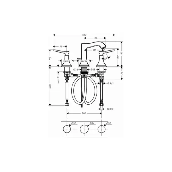 Смеситель для раковины на 3 отверстия Hansgrohe Metropol Classic (цвет - хром/золото), с донным клапаном (31330090) фото 2 Aquada.com.ua Смеситель для раковины на 3 отверстия Hansgrohe Metropol Classic (цвет - хром/золото), с донным клапаном (31330090) фото 2 Aquada.com.ua