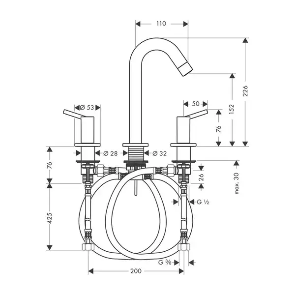 Смеситель для раковины, двухвентильный Hansgrohe Talis (цвет - хром), с донным клапаном (32310000) фото 2 Aquada.com.ua