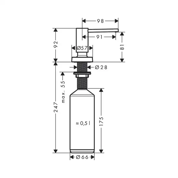 Дозатор кухонний для миючого Hansgrohe A51, 500 ml, Matt Black (40448670)