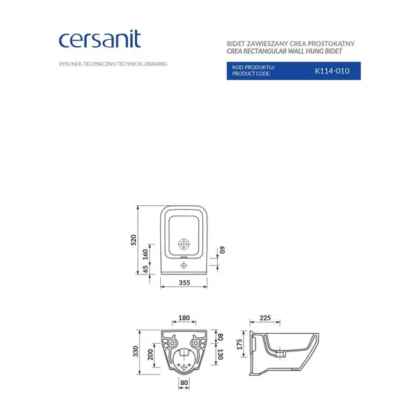 Cersanit CREA Біде підвісне, прямокутне (CCBW1001400757)