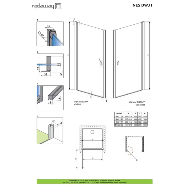 Radaway NES DWJ I 90 Душевая дверь, хром/прозрачная (10026090-01-01L)