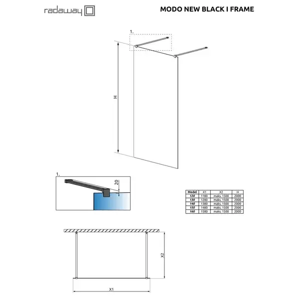 Душова стінка Modo New Black I 120 Frame (388124-54-58) RADAWAY Душова стінка Modo New Black I 120 Frame (388124-54-58) RADAWAY