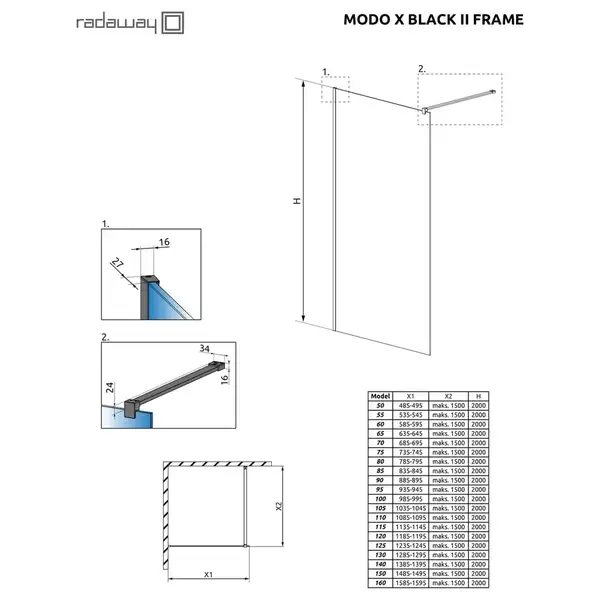 Душова стінка Modo X Black II 60 Frame RADAWAY (389264-54-56)