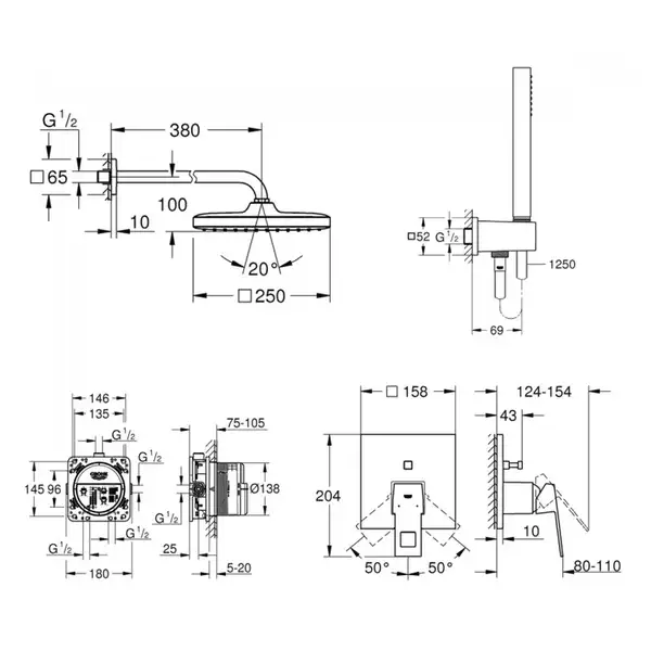 Душевая система скрытого монтажа Grohe Eurocube c Tempesta Cube 250 (цвет - хром) (26415SC3) Душевая система скрытого монтажа Grohe Eurocube c Tempesta Cube 250 (цвет - хром) (26415SC3)