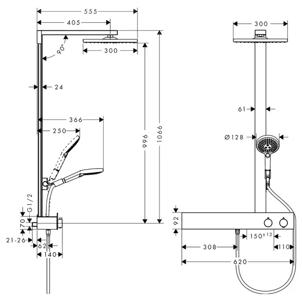 Душова система Hansgrohe Raindance E Showerpipe 300 1jet EcoSmart 9 л/хв з ShowerTablet 600 (колір - хром) 27364000