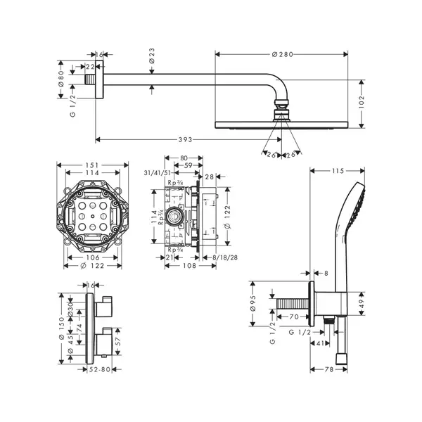 Душова система Hansgrohe Croma E 280 1jet Ecostat S 7 в 1, хром (27954000)