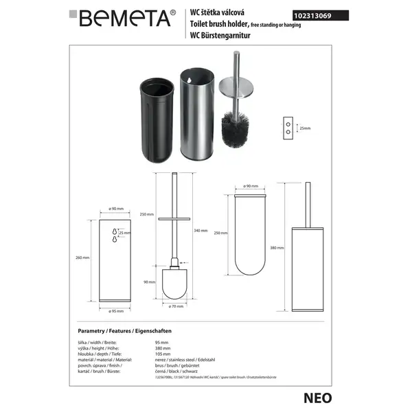 NEO: Щітка WC з тримачем висока на підл.(підвс.),нерж 102313069 Bemeta Чехія