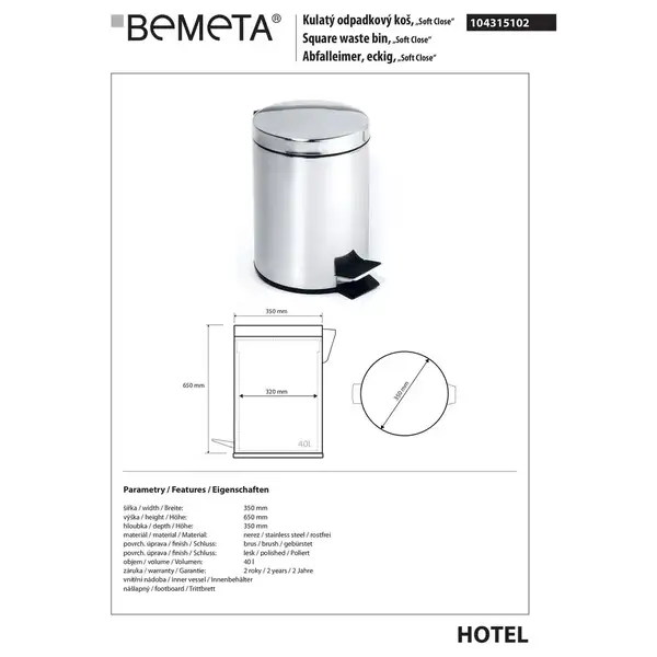 Відро для сміття 104315102 Hotel  40л Bemeta Чехія