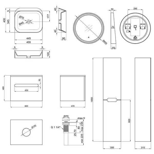 Комплект мебели для ванной Qtap тумба + раковина + зеркало + пенал QT044VI43002