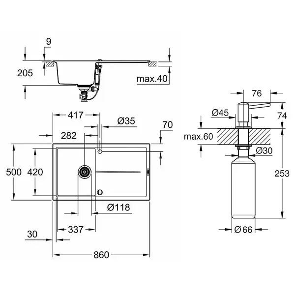 Набор Grohe мойка кухонная K400 31640AT0 + дозатор для моющего средства Contemporary 40536000 (31640AT040536000)