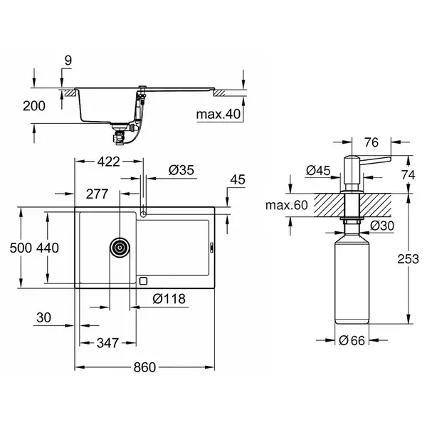 Набор Grohe мойка кухонная K500 31644AT0 + дозатор для моющего средства Contemporary 40536000 (31644AT040536000)