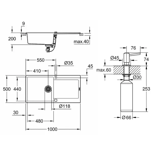 Набор Grohe мойка кухонная K500 31645AP0 + дозатор для моющего средства Contemporary 40536000 (31645AP040536000)
