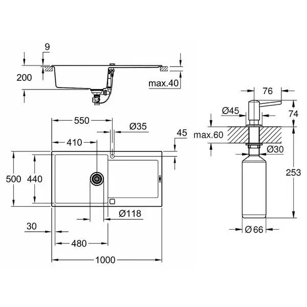 Набор Grohe мойка кухонная K500 31645AT0 + дозатор для моющего средства Contemporary 40536000 (31645AT040536000)